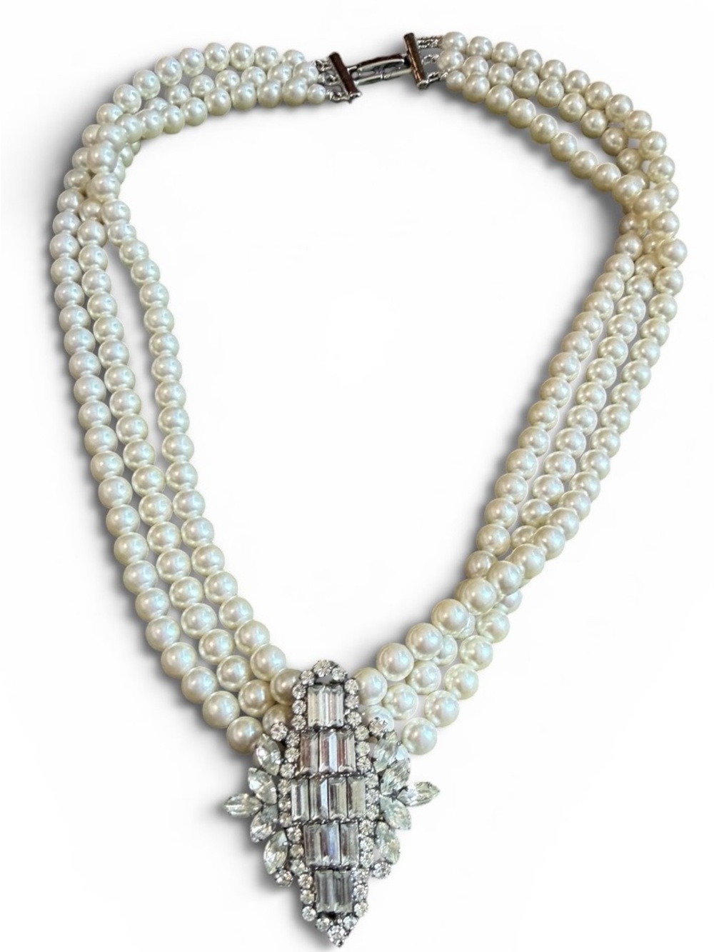 Vintage Classic Pearl Triple-Strand Necklace with Crystal Pendant